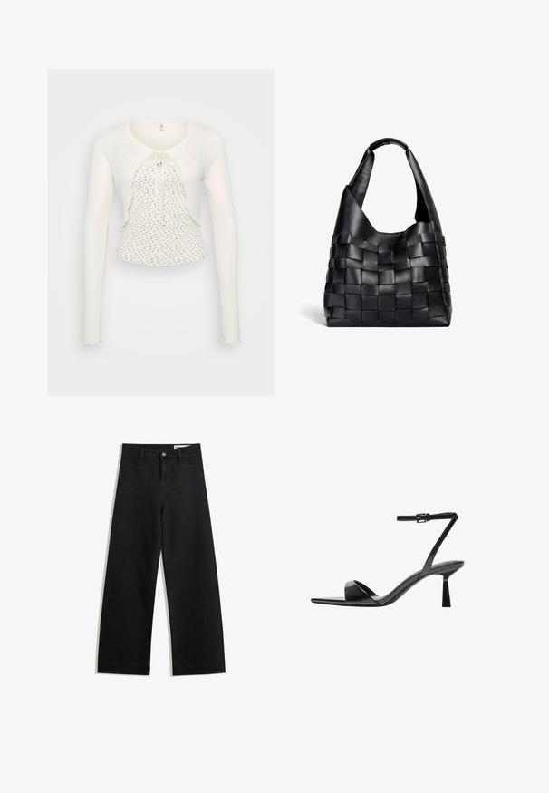 Biały długi sweter z długim rękawem, okrągłym dekoltem, teksturowanym materiałem, z przodem zapinanym na wiązanie oraz falbaniastym dołem z drobnymi wzorami kwiatowymi.; Czarne dżinsowe spodnie o szerokich nogawkach i wysokim stanie, z przednimi i tylnymi kieszeniami, przeszyciami oraz zapięciem na guziki. Gładka struktura.; Bershka - Sandały na obcasie; Czarna skórzana torebka typu tote o luźnym kształcie i szerokim pasku na ramię. Posiada teksturowany, pleciony wzór z gładkim wykończeniem.