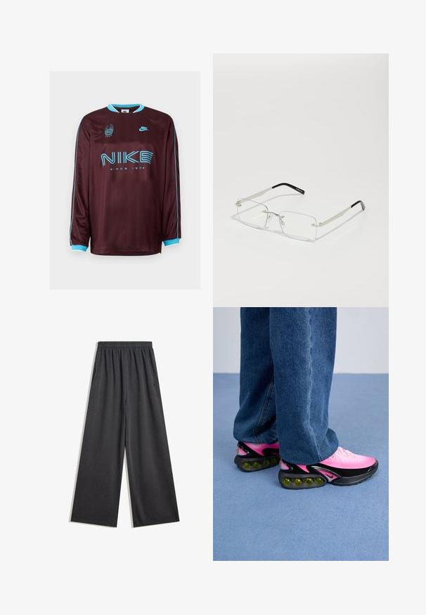 Bordo dukserica dugih rukava marke Nike s tirkiznim naglascima, logotipom i natpisom "OD 1972." u podebljanom fontu. Glatka, sportska tekstura tkanine.; Široke crne hlače napravljene od mekog materijala, s elastičnom gumom u struku i bočnim džepovima. Glatka tekstura s urednim šavovima.; Atletske cipele s gornjim dijelom u gradijentnoj ružičastoj boji, crnim detaljima i masivnom petom koja ima vidljive zelene jastučiće. U kombinaciji s plavim trapericama.; Pravilne naočale s prozirnim lećama, s tankim okvirom od srebrnog metala i crnim acetatnim vrhovima. Karakterizira ih minimalno hardversko rješenje za elegantan dizajn.
