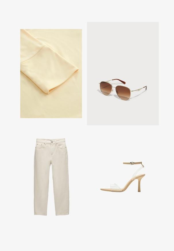 Helles beiges Gewebe mit einem gefalteten Ärmel, das eine glatte Textur und ein weiches Erscheinungsbild zeigt und seine Schlichtheit und Eleganz hervorhebt.; Weiße Jeans mit entspannter Passform, geradem Bein, fünf Taschen-Design und metallischen Hardware-Details mit subtiler Textur.; Durchsichtige Sandale mit transparentem Obermaterial, beigem Fußbett und einem schlanken Knöchelriemen. Sie hat eine spitz zulaufende Zehenpartie und einen dünnen, hohen Absatz.; Sonnenbrille mit goldfarbenem Metallrahmen und braunen Farbverlauf-Gläsern. Sie verfügt über eine einzigartige geometrische Form und braune Akzente an den Bügeln. Leichtes Design.; Beige Lederhandtasche mit einer einzigartigen Form, die zwei kurze Henkel und einen langen verstellbaren Riemen aufweist. Glatte Textur mit minimalen Hardware-Elementen.