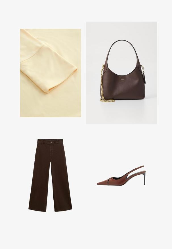 Helles beiges Gewebe mit einem gefalteten Ärmel, das eine glatte Textur und ein weiches Erscheinungsbild zeigt und seine Schlichtheit und Eleganz hervorhebt.; Braune, weit geschnittene Hosen aus Baumwollmischung mit fransigem Saum, vorderem Knopfverschluss und klassischem Fünf-Taschen-Design. Minimalistisch und vielseitig.; Braune Leder Slingback-Pumps mit spitzer Zehe, Ausschnittdetail am Vorderblatt und elegantem Stiletto-Absatz. Glatte Textur.; COACH BROOKLYN SHOULDER BAG 23 - Handtasche - maple
