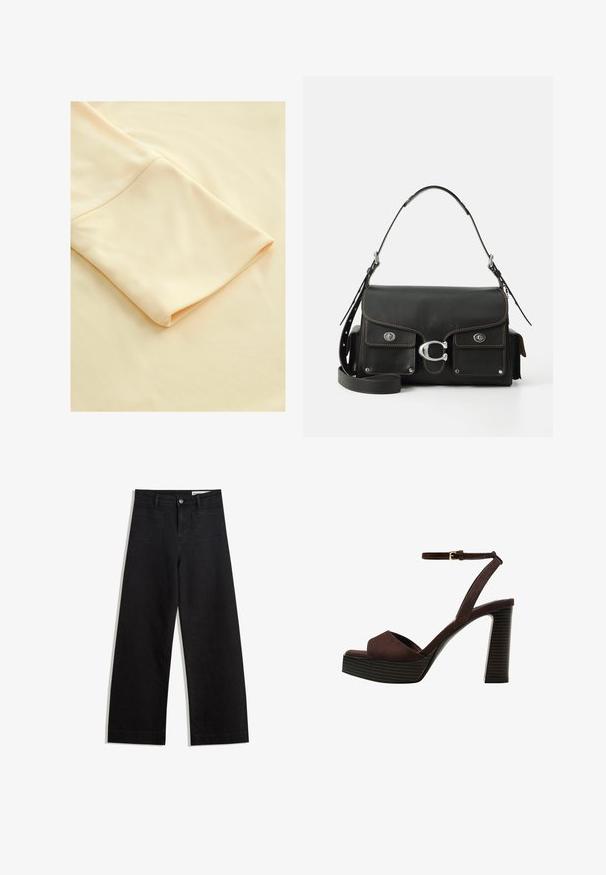 Světle béžová tkanina s ohnutým rukávem, která zobrazuje hladkou texturu a jemný vzhled, zdůrazňující její jednoduchost a eleganci.; Černé denimové kalhoty s volným střihem a vysokým pasem, vybavené předními a zadními kapsami, prošívanými švy a knoflíkovým zapínáním. Hladká textura.; Hnědé semišové sandály na vysokém podpatku s otevřenou špičkou, nastavitelným páskem kolem kotníku a proužkovou platformou.; Černá kožená kabelka se sklápěcí klopou, stříbrnými kovovými prvky, dvěma předními kapsami, kontrastním prošíváním a odnímatelným ramenním popruhem.