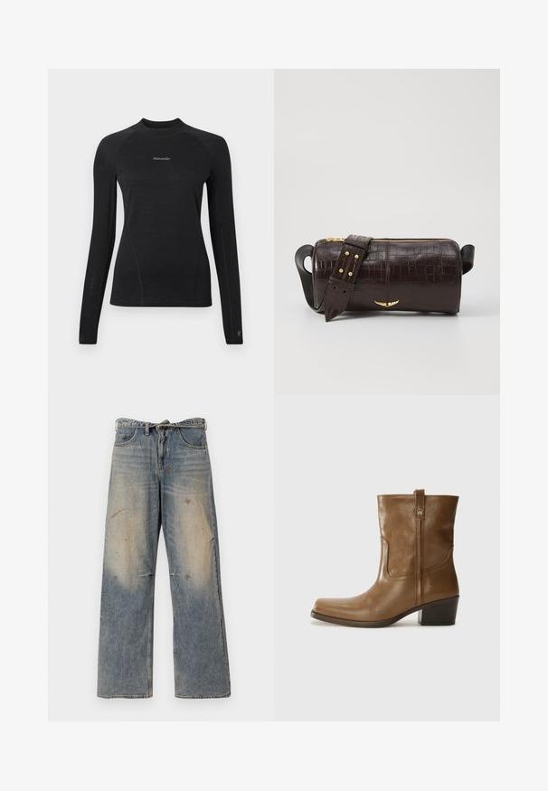 Czarna dopasowana koszulka z długim rękawem i okrągłym dekoltem oraz logo „Woolxweiler” umieszczonym na środku klatki piersiowej.; Jasnoniebieskie dżinsy z luźnym krojem prostym. Posiadają efekty przetarć, blaknięcia oraz postrzępienia w okolicy kolan. Klasyczny pięciopocketowy styl.; Brązowy skórzany botek za kostkę z kwadratowym noskiem, teksturowanym wykończeniem i niskim, zakrytym obcasem. Posiada tylną pętelkę do zakładania oraz subtelne detale przeszycia.; Brązowa torba ze skóry z tłoczeniem krokodyla w kształcie cylindrycznym, z metalowymi elementami w kolorze złotym oraz odczepianym paskiem z ćwiekami.