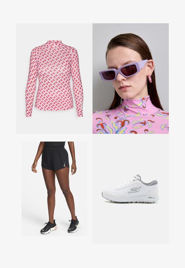 Pikad varrukad ja kõrge kaelusega pluus; omab punast kudumist on helesinise tausta peal; valmistatud sileda ja veniva kangaga.; Mustad spordipüksid, millel on pingul vöökoht ja küljes lõikeaugud, valmistatud kergest materjalist, kombineeritud mustade jooksujalatsitega, millel on valge tiib.; Valged spordisussid tekstuurses võrgusüvas, hõbedased detailid ja kerge tallaga, kus on väikesed haardepunktid, märgitud "ULTRA FLIGHT."; Lilla ristkülikukujuline päikesprillid tumedate toonitud läätsedega, kantud roosa mustriga kõrge kaelusega pluusiga, millel on lillemustrid ja erksad aktsendid.