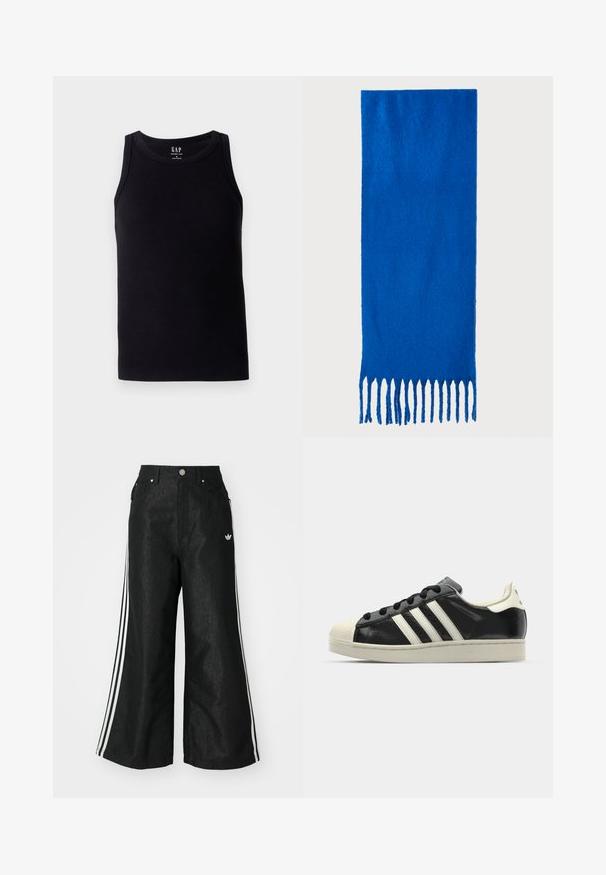 Black ribbed tank top with a round neckline and sleeveless design. Made from a soft cotton blend, featuring a label at the center back.; Black wide-leg denim pants with three white stripe accents on each side and a small white logo. Features front pockets and a button closure.; Black leather sneaker with white stripes, rubber toe cap, black laces, and a cream-colored outsole. Smooth texture with shiny finish.; Blue fringed scarf made of soft fabric; features a solid color with a textured surface and evenly cut fringe at the bottom.