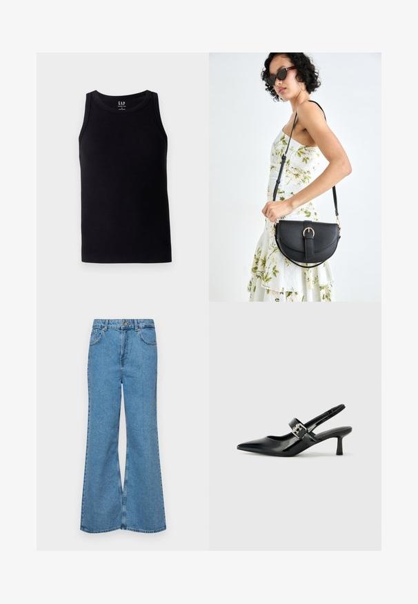 Black ribbed tank top with a round neckline and sleeveless design. Made from a soft cotton blend, featuring a label at the center back.; Light blue flared jeans made of denim, featuring a high waist, five pockets, and a single button closure. Soft texture with faded finish.; Black patent leather slingback heels with a pointed toe and a small block heel, featuring a silver buckle accent on the strap.; Black leather handbag with a curved shape, detachable strap, and gold hardware. The bag features a flap with a buckle detail.