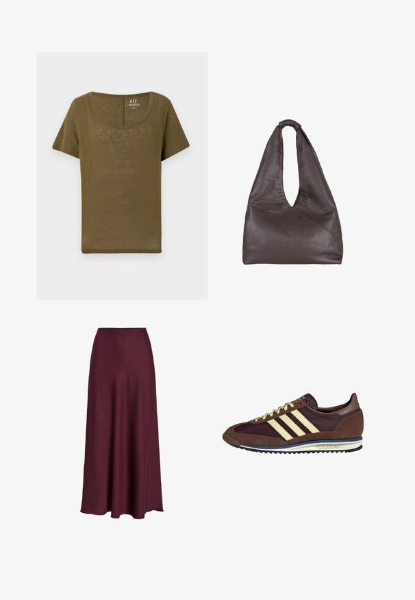 GAP BLEND SCOOP - T-paita - dark olive; Burgundy satiini maksihame, jossa on sileä tekstiili, korkea vyötärö ja virtaava siluetti, joka laajenee lempeästi helmaan.; Ruskea ja burgundin värinen lenkkari, jossa on yksityiskohtina mokkaa ja verkkomateriaalia, kolmea kermaista raitaa, tekstuuripinta kielekkeessä ja kumipohja.; Ruskea nahkabag, jossa on roikkumaiseen ja ylisuureen tyyliin. Varustettu silmukkakahvalla ja syvällä V-leikkausaukolla helppoa pääsyä varten. Pehmeä rakenne, minimalistinen tyyli.