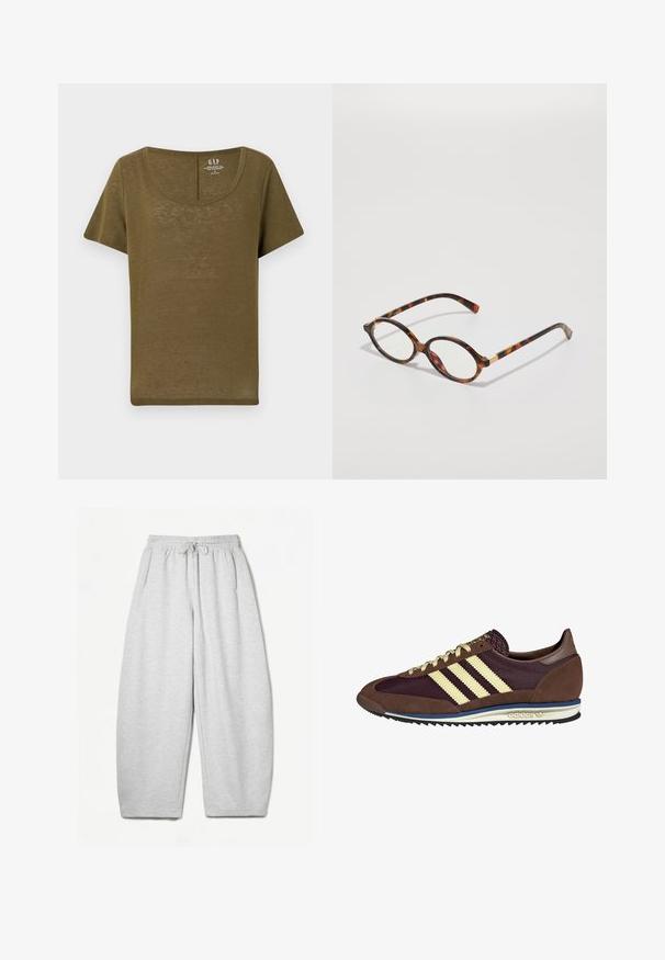 GAP BLEND SCOOP - T-shirt basic - dark olive; Lichtgrijze sweatpants met een ontspannen pasvorm, elastische tailleband, trekkoord en zijzakken; gemaakt van zachte, gestructureerde stof.; Bruine en bordeauxkleurige sneaker van suede en mesh materiaal, met drie crèmekleurige strepen, een gemêleerd stof op de tong en een rubberen zool.; schildpadbril met ovale monturen, heldere lenzen en gouden accenten. Bevat gebogen pootjes en een gladde, glanzende afwerking.