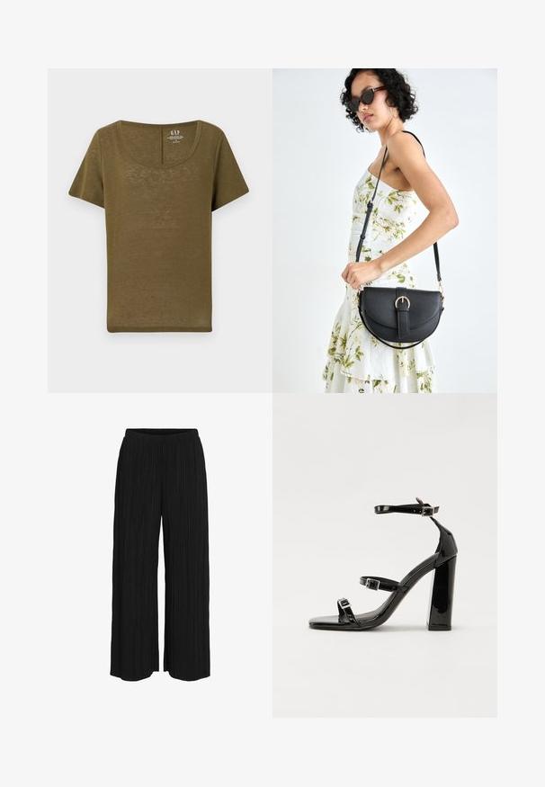 GAP BLEND SCOOP - Lihtne T-särk - dark olive; Laiad mustad püksid vertikaalsete voldikutega ja elastse vöökohaga.; Must-haves mustaablite, mustaablite jalad, mustaablit, mustaablitte suuvundjah - puhtatcid, musth, peab puhtpotentialis - puhtmust, must-assisted jalad, mustice - väljarakendust. Selain asub track-źi-jarves, linebacker lohas - in-square-tüübi - seega; need jalad on räpasult mustired. Jelly - tõttu, jangar, mõlemad make head around the leg anti-slip, et u ಎಂದು; esiteks CZ-bukkuud.; Mustmust mustraha kõverate joontega, eemaldatava rihmaga ja kuldsete detailidega. Kotil on klapp, millel on pandladetail.