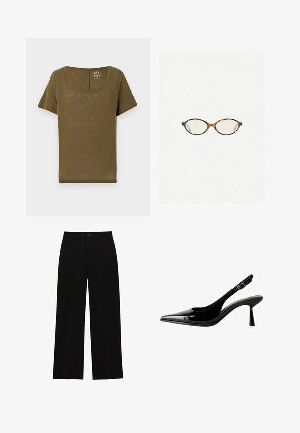 GAP BLEND SCOOP - T-shirts basic - dark olive; Sorte, højtsiddende, brede bukser lavet af et glat stof, med flad front, knaplukning og uden synlige lommer.; Sorte patenterede lædersandaletter med spids tå, udskårne sider, justerbar ankelstrop og en tynd, slank hæl.; Skildpaddebriller med ovale linser og en elegant, glat finish. Har tynde sider med en subtil kurve ved tindingerne. Klare linser.