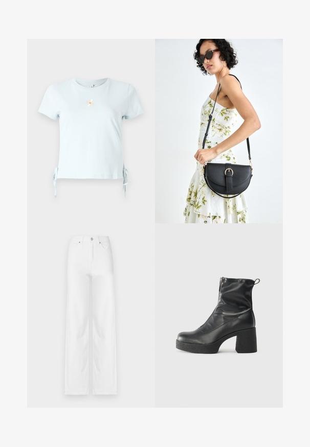 Lyseblå bomull t-skjorte med korte ermer, sidesløyfer og en brodert prestekrage-design med ordet "Smile" nedenfor.; Hvite vide jeans laget av denim, med frontlukkefeste, beltehemper og fire lommer med en ren, jevn tekstur.; Svarte ankelstøvler laget av glatt lær, med glidelås på siden, chunky strukturert hæl, og rund tå-design.; Svart lærveske med en buet form, avtagbar stropp og gullbeslag. Vesken har et klaff med spenne-detall.