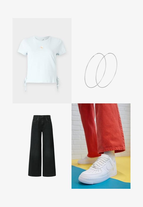 Svjetloplavi pamučni majica s kratkim rukavima, bočnim vezicama i izvezenim izgledom tratinčice s riječju "Smile" ispod.; Široke črne jeans hlače iz denima, s klasičnim pet-pocket dizajnom in okrasnimi žebljički v bližini sprednjih žepov.; Beli usnjeni športni čevlji s perforiranim prstnim delom, teksturiranim podplatom in belimi vezalkami, v kombinaciji s širokimi rdečimi hlačami in modro-rumeno ozadje.; Srebrne uhane v obliki obroča z minimalističnim dizajnom. Krožna oblika, gladka tekstura in tanek profil. Lahki s poliranim zaključkom.