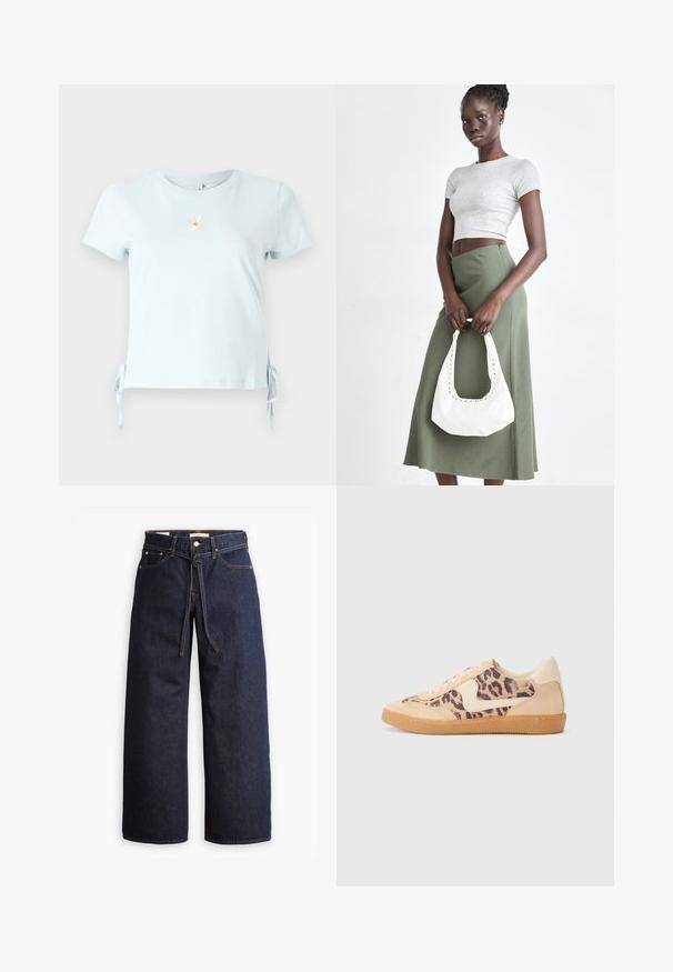 Tricou din bumbac de culoare albastru deschis, cu mâneci scurte, legați pe laterale, și un design brodat cu o margaretă și cuvântul "Zâmbește" dedesubt.; Blugi din denim cu talie înaltă, de culoare albastru închis, cu picior larg, dotati cu şnur pentru ajustare, cinci buzunare şi detalii de cusătură în contrast.; Tenisi cu imprimeu de leopard, cu partea superioară din suede bej, talpă din cauciuc maro și accente albe. Vârf rotund și design cu șireturi, cu un finisaj texturat.; Crop top griș cu dungi și fustă verde măsliniu cu talie înaltă. Modelul ține o geantă albă de umăr cu detalii tăiate. Design simplu, siluetă ajustată.