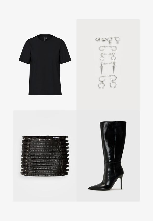 T-shirt preta de manga curta feita de um tecido suave com decote redondo. Design simples sem padrões ou detalhes, corte reto na barra.; Mini saia preta de couro com detalhes em tiras horizontais e tachas prateadas ao longo da borda superior e dos lados verticais.; Botas de couro pretas até ao joelho com bico fino e salto alto de agulha. Textura suave e design elegante, com detalhes mínimos.; Conjunto de brincos de prata com diversos designs: argolas, studs e modelos pendentes, com acentos de bola e elementos pontiagudos.