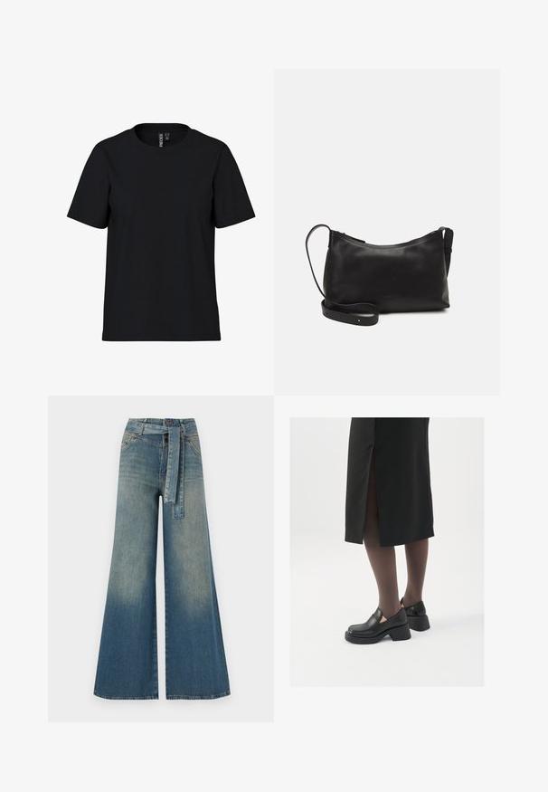 Fekete, rövid ujjú póló, puha anyagból, kerek nyakkivágással. Egyszerű dizájn minták vagy kiemelések nélkül, egyenes szabással az alján.; Bőszárú farmernadrág, világos és sötétkék árnyalatokkal, magas derekú, övgyűrűkkel és a nadrággal megegyező anyagú övvel. Textúrált farmer kivitel.; Fekete bőr cipők lekerekített orral, vastag blokk sarkakkal és elasztikus oldalsó díszítésekkel, sötét harisnyával és hasítékkal ellátott fekete szoknyával párosítva.; Fekete bőr válltáska sima felülettel, ívelt formával, állítható pánttal és cipzáras záródással. Minimalista dizájn díszítmények nélkül.