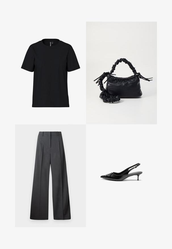 Svart T-shirt med kort ärm tillverkad av mjukt tyg med rundad halsringning. Enkelt mönster utan mönster eller detaljer, rak skärning vid nederkanten.; Vida byxor i mörkgrått tyg, med hög midja, enkla veck och en mjuk yta med en ren finish vid fållen.; Svarta läder slingback klackar med spetsig tå, liten kittenklack och en dekorativ knutdetalj på framsidan. Slät textur hela vägen.; Svart faux läderhandväska med krokodiltextur, snodd topp och en skrämd rem. Ser mjuk och kompakt ut i designen.