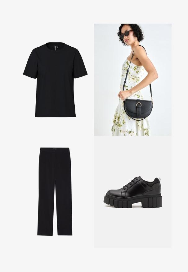 Fekete, rövid ujjú póló, puha anyagból, kerek nyakkivágással. Egyszerű dizájn minták vagy kiemelések nélkül, egyenes szabással az alján.; Fekete kordbársony nadrág egyenes szabással, lapos derékkal és láthatatlan zsebekkel, sima textúrával és függőleges bordázással.; Fekete bőr platform cipők vaskos blokk sarkakkal, kerek orral és hagyományos fűzős kialakítással. Simára csiszolt felület és minimális részletezés jellemzi.; Fekete bőrtáska ívelt formával, levehető pánttal és arany színű fémrészekkel. A táskán egy csattal díszített fedél található.