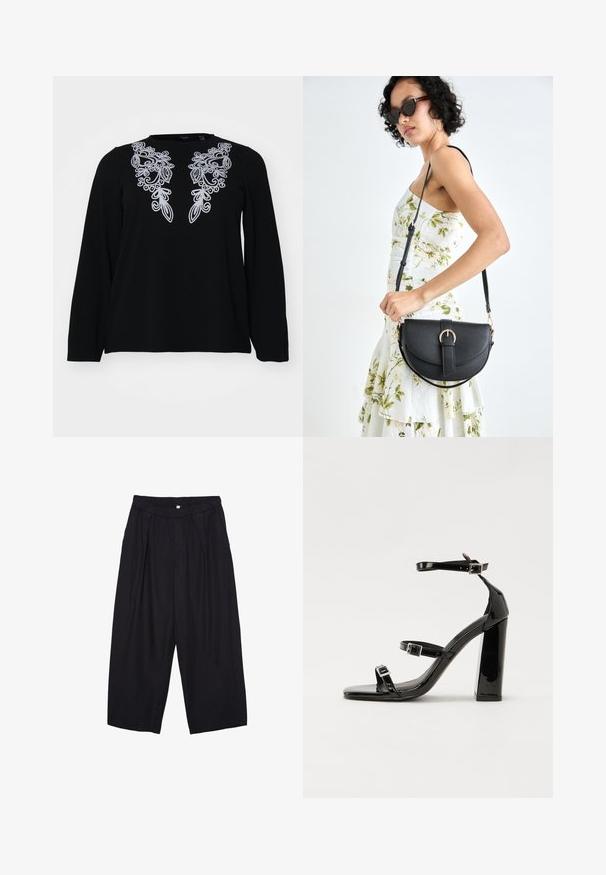 Schwarzes langärmliges Shirt mit aufwändiger silberner Stickerei am Halsausschnitt. Weicher Stoff, entspannter Schnitt und einfaches Rundhalsdesign.; Schwarze Polyester-Culotte mit einem elastischen Bund, zwei vorderen Falten und einer lockeren Silhouette. Keine sichtbaren Muster oder Hardware-Details.; Schwarze patentierte Sandalen mit Absatz, quadratischer Spitze, Knöchelriemen und silbernen Schnallen. Mit einem stabilen Blockabsatz für mehr Stabilität.; Schwarze Lederhandtasche mit geschwungener Form, abnehmbarem Tragegurt und goldenen Beschlägen. Die Tasche verfügt über einen Deckel mit einer Schnallen-Details.