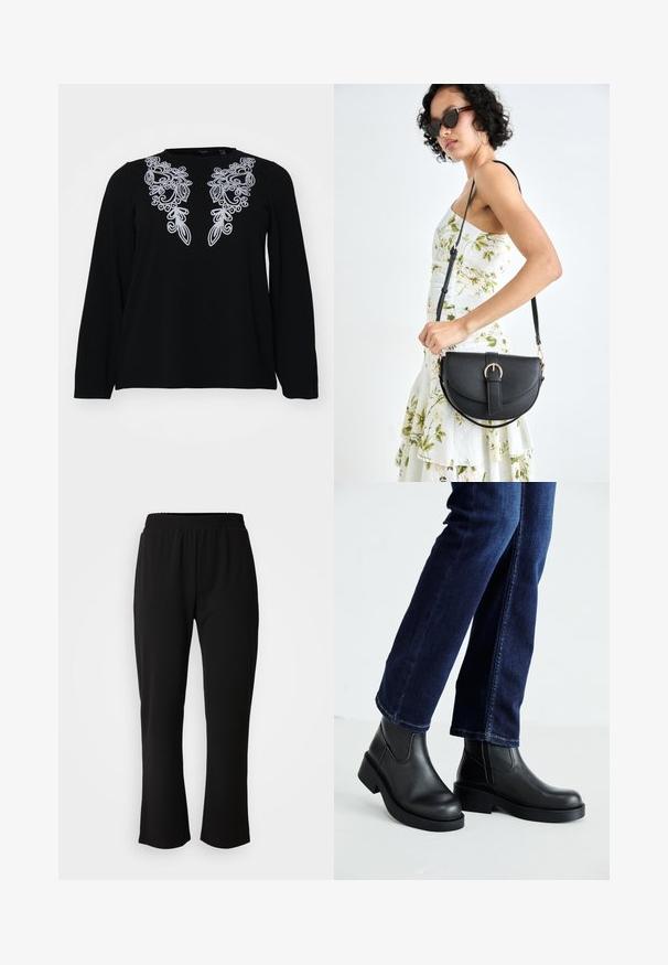 Cămașă neagră cu mânecă lungă, cu broderie complicată din argint în jurul gâtului. Textură moale, croială lejeră și design simplu cu guler rotund.; ONLY Carmakoma CARLAMA STRAIGHT - Pantaloni - black; Bocanci negri din piele cu tălpi groase și panouri elastice pe laterale, asortați cu blugi de culoare bleumarin. Solul este de culoare deschisă.; Geantă din piele neagră, cu o formă curbată, curea detașabilă și accesorii aurii. Geanta are un capac cu un detaliu tip cataramă.