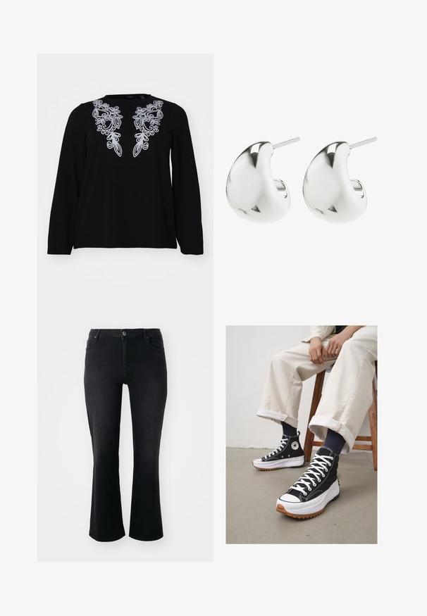 Black long-sleeve shirt with intricate silver embroidery around the neckline. Soft texture, relaxed fit, and simple crew neck design.; Black denim jeans with a mid-rise waist, front button, two front pockets, two back pockets, and flared leg cut.; High-top black sneakers with white laces and rubber toe cap. Thick white sole with a textured brown outsole, worn with navy striped socks.; Silver stud earrings with a smooth, curved design. They feature a polished finish and a post backing for secure wear.