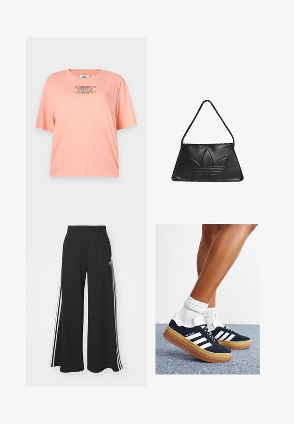 T-shirt a maniche corte color pesco realizzata in tessuto morbido. Presenta una stampa grafica con il logo "O'Neill" sul davanti. Vestibilità comoda.; Pantaloni in felpa neri a gamba larga con vita elastica, dotati di strisce bianche sui lati e un logo ricamato sulla coscia sinistra.; Sneakers in pelle scamosciata nera con strisce e dettagli bianchi, punta arrotondata, suola in gomma color gomme, abbinate a calzini bianchi a coste alla caviglia.; Borsa a tracolla in pelle nera con forma trapezoidale, caratterizzata da un design del logo Adidas in rilievo e una sottile tracolla. Chiusura a zip sulla parte superiore.