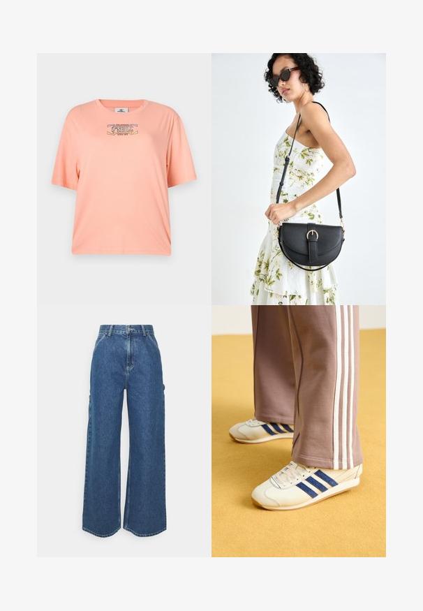 Peach-colored, short-sleeved T-shirt made of soft fabric. Features a graphic print with "O'Neill" logo on the front. Relaxed fit.; Wide-leg blue denim trousers with a high waist, contrasting stitching, and side pockets, featuring a classic five-pocket design and raw hems.; Cream sneakers with blue suede stripes, white laces, and a rubber sole. Paired with gray sweatpants featuring white side stripes.; Black leather handbag with a curved shape, detachable strap, and gold hardware. The bag features a flap with a buckle detail.