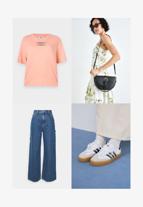 T-shirt v broskvové barvě s krátkým rukávem vyrobený z jemného materiálu. Na přední straně je grafický potisk s logem "O'Neill". Volný střih.; Široké modré džíny s vysokým pasem, kontrastním šitím a postranními kapsami, které mají klasický design s pěti kapsami a rozstřižené lemy.; Bílé tenisky s černými pruhy a béžovými semišovými akcenty. Mají texturovanou gumovou podrážku a ploché bílé tkaničky, nošeny s světlými ponožkami.; Černá kožená kabelka s křivkovým tvarem, odnímatelným popruhem a zlatými detaily. Kabelka má klopu s přezkou.