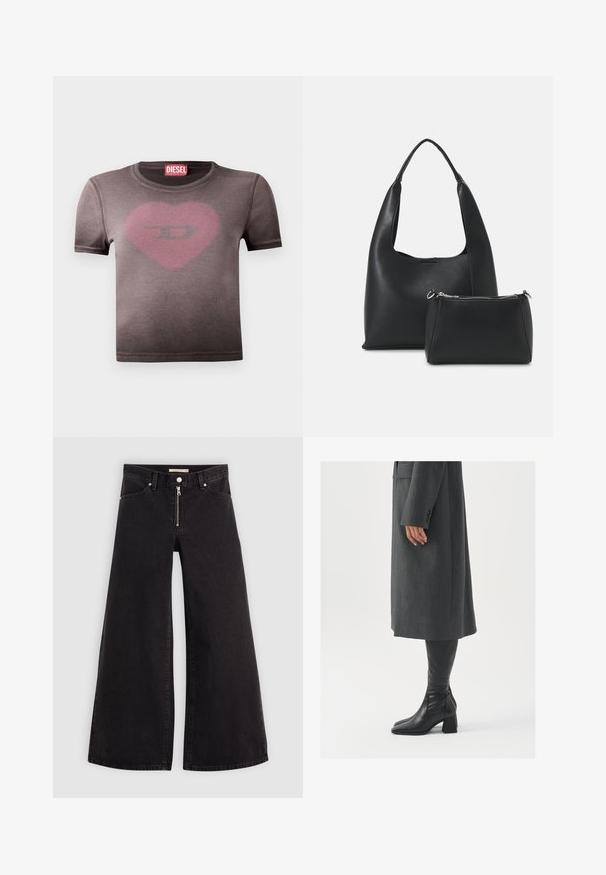 Szara koszulka z krótkim rękawem i okrągłym dekoltem, z wyblakłym różowym sercem oraz logo na środku. Wykonana z miękkiej bawełny.; Jeans o szerokich nogawkach w czarnym denienie z zamkiem błyskawicznym z przodu, pięcioma kieszeniami i subtelnymi detalami przeszycia. Gładka tekstura i swobodny styl.; Szary, dopasowany płaszcz o prostym kroju; zestawiony z czarnymi skórzanymi kozakami do kolan z kwadratowym noskiem i grubym obcasem.; Even&Odd - Torebka