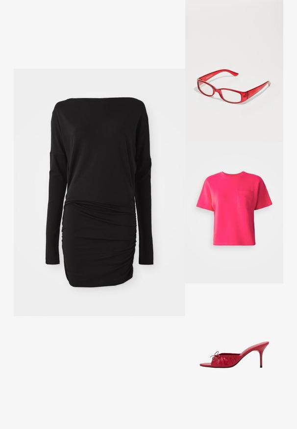 Svetlo roza majica s kratkimi rokavi iz bombaža, ki ima sprednjo žep in okroglo ovratnik. Gladka tekstura in sproščen kroj.; Črna dolga obleka s dolgimi rokavi, izdelana iz mehkega materiala, z ladijskim ovratnikom in gubanjem na strani, kar ustvari priležen silhueto.; Rdeče usnjene odprte natikače z zloženim in pregibanim dizajnom ter dekorativno pentljo. Imajo stiletto peto in gladko površino.; Rdeče plastične očalne okvirje s pravokotnim okvirjem, prozornimi lečami in tankimi ročaji. Logotip blagovne znamke "even&odd" je vtisnjen na stranskem delu.; Rdeča sijoča usnjena torbica v trikotni obliki, širokim vrhnjim odprtjem in enim ukrivljenim ročajem. Gladka textura z minimalnimi šivi.; Dve scrunchies prikazane na beli površini: rdeča satenska s frotirno teksturo levo in bela satenska s podobnimi gubami desno.
