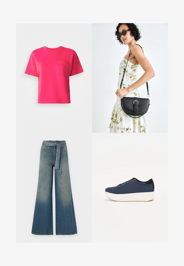 Bright pink short-sleeve t-shirt made of cotton, featuring a front pocket and a crew neckline. Smooth texture and relaxed fit.; Wide-leg denim trousers featuring a light to dark blue gradient, high waist, belt loops, and a matching fabric belt. Textured denim finish.; Navy blue sneaker with a textured fabric upper, white platform sole, rounded toe, and black heel accent. Features six eyelets for laces.; Black leather handbag with a curved shape, detachable strap, and gold hardware. The bag features a flap with a buckle detail.