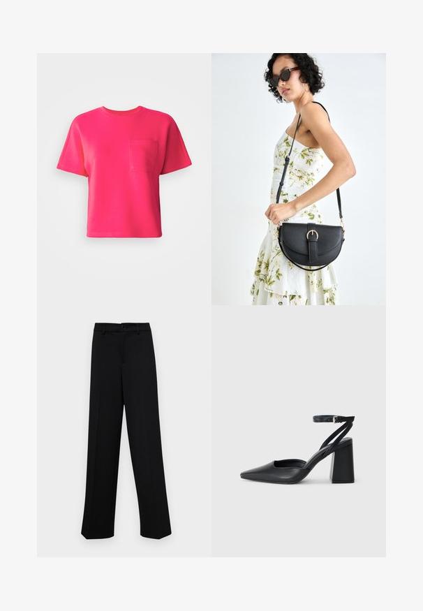 Fényes rózsaszín rövid ujjú póló, pamutból készült, elülső zsebbel és kerek nyakkivágással. Simogató textúra és laza szabás.; Fekete, széles szárú nadrág sima anyagból, klasszikus derékrésszel, gombzárral és elülső redőkkel.; Fekete bőr, hegyes orrú magassarkú cipő boka pánttal és vastag sarokkal. Sima textúra, elegáns dizájn és minimális esztétika.; Fekete bőrtáska ívelt formával, levehető pánttal és arany színű fémrészekkel. A táskán egy csattal díszített fedél található.
