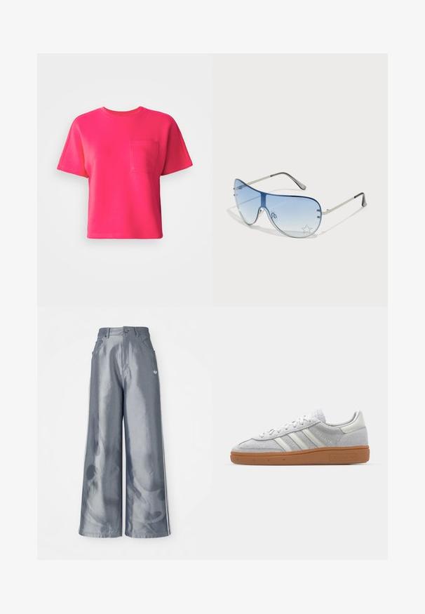 Svetle růžové tričko s krátkým rukávem vyrobené z bavlny, s přední kapsou a kulatým výstřihem. Hladká textura a volný střih.; Kalhoty s širokými nohavicemi z lesklého šedého materiálu, se bílými bočními pruhy a plamenným vzorem na spodní části nohavic. Zapínání na knoflík a zip v pase.; Svetle šedé nubukové tenisky s bílými koženými akcenty, třemi bílými pruhy a hnědou gumovou podrážkou, s polstrovaným límcem pro pohodlí.; Pilotské sluneční brýle s modrými gradientními skly, stříbrným kovovým rámem a dekorativními hvězdnými akcenty na sklech. Hladký a elegantní design.