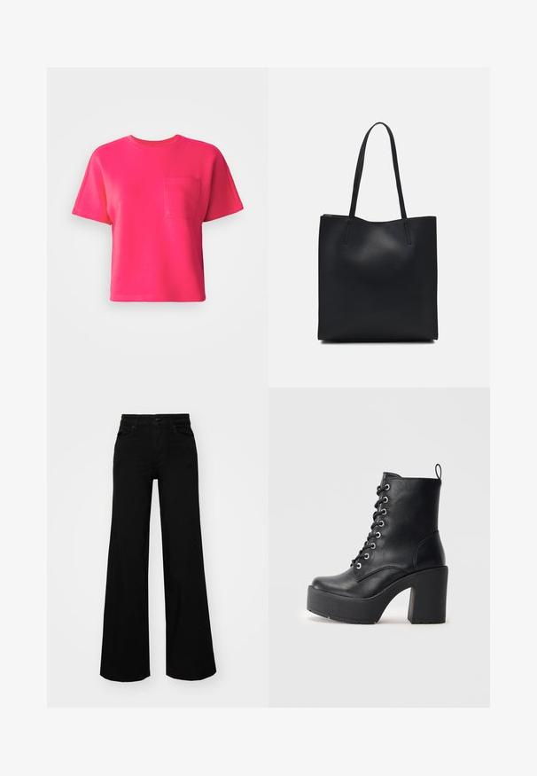 T-shirt rosa brillante a maniche corte in cotone, con taschino frontale e scollatura a girocollo. Texture liscia e vestibilità comoda.; Pantaloni neri a gamba larga in denim, con una vita strutturata, passanti per la cintura e tasche frontali. Texture liscia con un design classico.; Stivale alla caviglia in pelle nera con tacco alto e massiccio, parte anteriore con lacci e superficie texturizzata. Presenta un'etichetta sul retro per una facile calzata.; Borsa tote in pelle nera con texture liscia, forma rettangolare e due manici lunghi. Nessun hardware o decorazione visibile.
