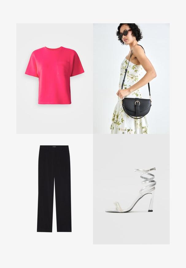 T-shirt de manga curta rosa brilhante, feita em algodão, com um bolso frontal e um decote redondo. Textura suave e ajuste descontraído.; Calças de veludo cotelê pretas com corte reto, apresentando uma cintura lisa e sem bolsos visíveis, textura suave e detalhe de riscas verticais.; Sandalha de salto alto prateada com um design de tira brilhante, apresentando um detalhe semelhante a uma pérola e uma tira de tornozelo espiralada para um ajuste seguro.; Bolsa de couro preta com forma curva, alça destacável e detalhes em dourado. A bolsa possui uma aba com detalhe de fivela.