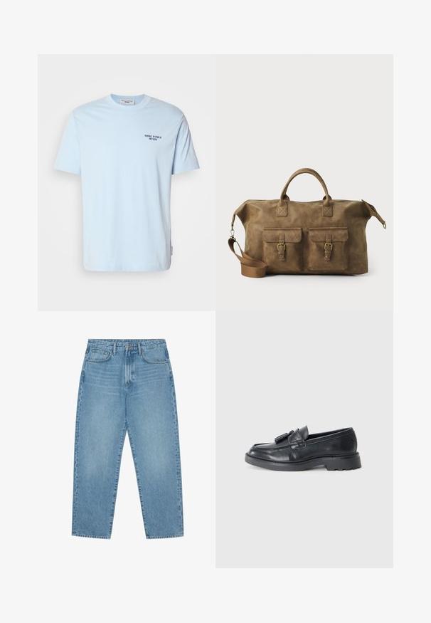 Gai zils kokvilnas T-kreklis ar apaļu kakla izgriezumu, īsām piedurknēm un mazu tumšu drukāšanu, kas uz krūšu daļas teikts "MARC O’POLO DENIM".; Gaiši zili denim auduma platgala bikses ar augstu jostasvietu, ar piecām kabatām, jostu cilpām un mīkstu, nedaudz nodilušu tekstūru.; Melnas ādas loafers ar noapaļotu pirkstu, siksnu ar pompiņām un masīvu zoli ar protektora rakstu. Gluda tekstūra un klasiskā dizaina.; Brūns ādas ceļojumu soma ar diviem priekšējiem kabatām, regulējamu plecu siksnu, zelta detaļām un stingrām augšējām rokturiem. Gluda tekstūra.