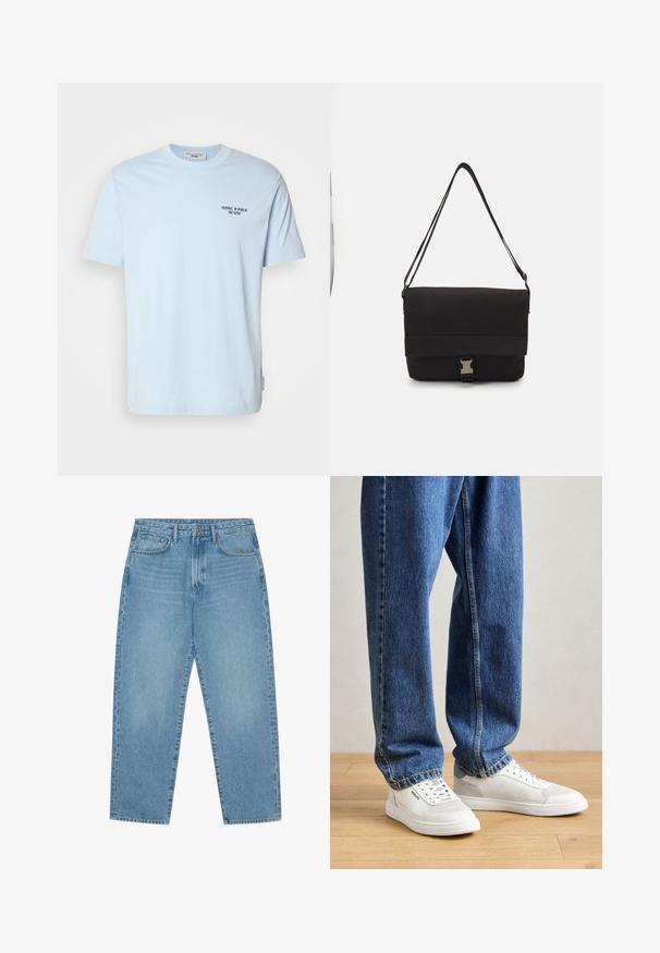 Lyseblå bomulds t-shirt med rund halsudskæring, der har korte ærmer og et lille mørkt tryk, der siger "MARC O’POLO DENIM" på brystet.; Lys blå denim wide-leg jeans med høj talje, der har fem lommer, bæltestropper og en blød, let falmet tekstur.; Hvide sneakers med gummisål, perforerede detaljer på siderne, parret med løse, lyseblå denimjeans, på et trægulv.; Sort messenger taske lavet af glat materiale, med en fold-over klap, sølvfarvet lukning og et justerbart skulderrem.