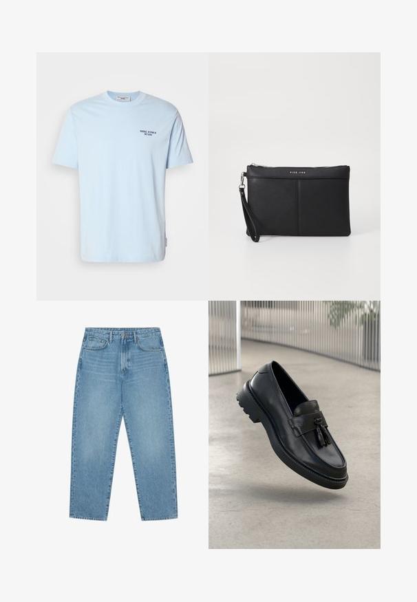 Svijetloplava pamučna majica s kratkim rukavima, crew neck stila, koja ima mali tamni print s natpisom "MARC O’POLO DENIM" na prsima.; Svijetlo plave traperice ravnog kroja s pet džepova i blago izblijedjelom teksturom. Imaju kopčanje na gumb i patentni zatvarač.; Crne kožne mokasinke s glatkim završetkom, ukrasnom resom, debelim gumenim đonom i ušivenim detaljima. Lagan i elegantan dizajn.; Crna sintetička torbica s patentnim zatvaračem, narukvicom i glatkom teksturom. Ima suptilno šivanje i urezani logotip na prednjem dijelu.