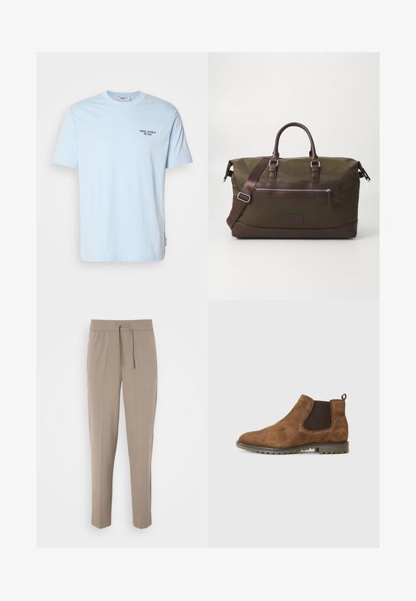 Hele sinine puuvillane lühikeste varrukatega T-särk, millel on ümar kaelus ja rinnal väike tume trükk, mis ütleb "MARC O'POLO DENIM".; Heledad beezised püksid elastse vöökohtaga, reguleeritava paelaga ja kitsenevad sääred. Kanga pind näib sile ja kerge sära.; Pruun nahast Chelsea saapad elastsete külgpanelide, tõmbeaugu ja tekstuuritud kummitaldaga, millel on haardeks sooned.; Olive roheline kanvasist duffel kott pruuni nahkdetailidega, omab kaht käepidet, eemaldatavat õlavarre rihma ja esiküljel lukuga taskut.