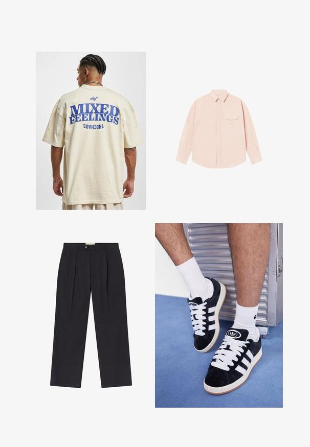 DEF MIXED - Apdrukāts T-krekls - beige; Gaišs rozā garo piedurkņu krekls, izgatavots no mīksta auduma, ar pogājamu kaklu, priekšējo kabatu un nedaudz izšūtu logo uz krūtīm.; Pielāgoti tumši zilie bikses ar augstu jostasvietu, divām priekšējām krokām, pogu aizdari un taisnām kājām no gludas auduma.; Melni zamšaini sporta apavi ar baltiem šņorēm un trim baltām svītrām. Iekļauj arī apaļu melnu logotipu uz mēles un gumijas zoli.