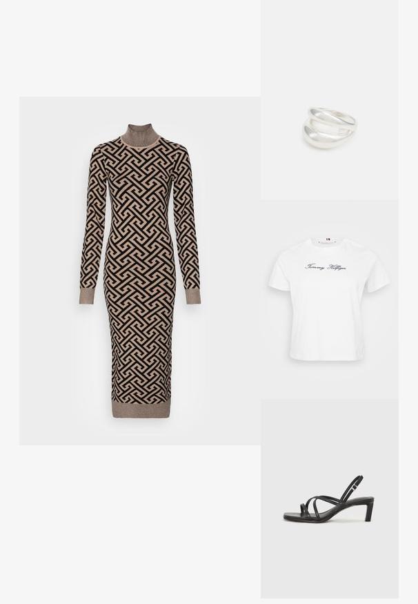 T-shirt en coton blanc à manches courtes, avec un logo brodé "Tommy Hilfiger" en bleu marine sur le devant. Col rond.; Robe en tricot à manches longues avec un col montant, présentant un motif géométrique noir et beige, des poignets côtelés et une silhouette ajustée.; Sandale noire à lanières avec un bout carré et un petit talon bloc. Elle présente plusieurs fines lanières et une sangle de cheville ajustable. Fabriquée en cuir lisse.; Sac bandoulière en cuir noir avec une texture lisse, de forme rectangulaire et un détail en chaîne métallique à l'avant. Sangle réglable incluse.; Bague en argent à double bande avec une surface lisse et polie. Présente un design fluide et courbé avec des sections qui se chevauchent pour un look moderne.