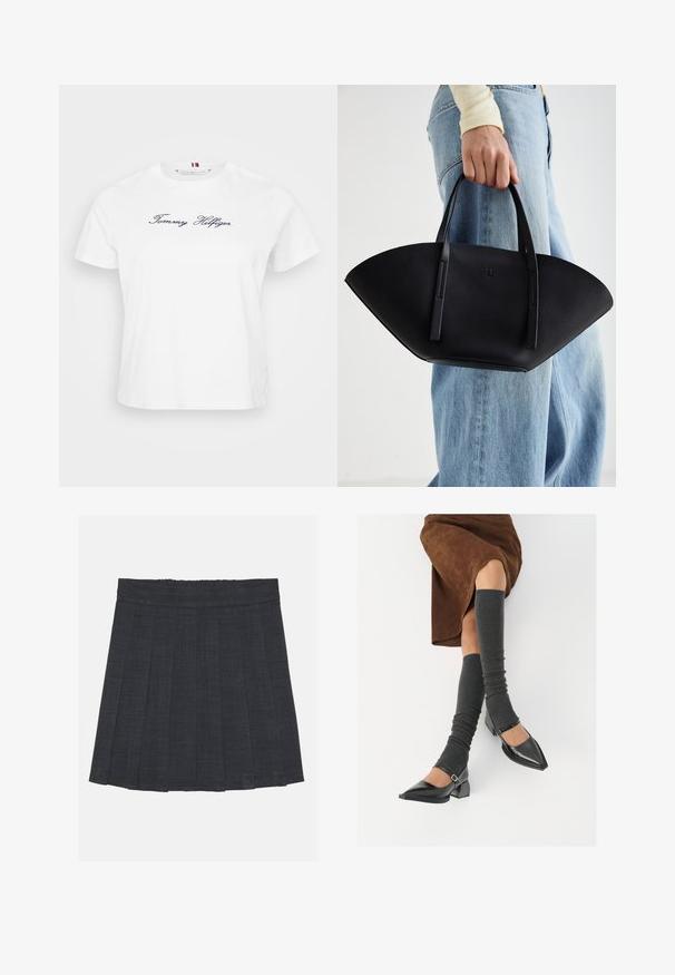 White cotton t-shirt with short sleeves, featuring a navy blue embroidered "Tommy Hilfiger" logo on the front. Round crew neckline.; Dark gray pleated skirt with an elastic waistband, featuring a textured fabric and a classic A-line silhouette. Suitable for casual wear.; Black patent leather pointed-toe shoes with a block heel and ankle strap, paired with gray ribbed leg warmers and a brown suede skirt.; Black leather handbag with a unique fan shape, featuring flat handles. The surface has a pebbled texture and a minimalistic design.