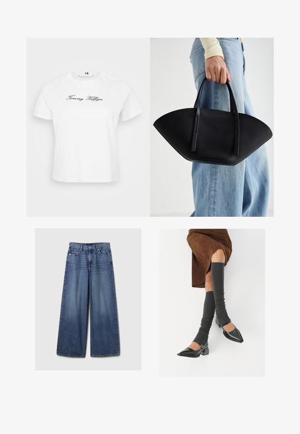 Balta medvilninė marškinėlių su trumpomis rankovėmis, kuriuose priekyje išsiuvinėtas tamsiai mėlynas "Tommy Hilfiger" logotipas. Apvalus apykaklės iškirpimas.; Platus mėlynos džinsinės kelnės su išblukusiu paviršiumi, su mygtukų ir užtrauktuko uždarymu, penkiomis kišenėmis ir diržo kilpomis.; Juodi lakuoti odiniai batai su aštriu kuma ir bloko kulnu, derinami su pilkais riebiais kojų šildytuvais ir rudais zomšiniais sijonais.; Juodas odinis rankinis uždangalas unikaliu ventiliatoriaus formos dizainu, turintis plokščias rankenas. Paviršius turi akmeninė tekstūrą ir minimalistišką dizainą.