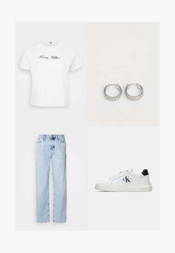 White cotton t-shirt with short sleeves, featuring a navy blue embroidered "Tommy Hilfiger" logo on the front. Round crew neckline.; Light blue wide-leg jeans made from denim, featuring a high waist, faded wash, and subtle tie-dye pattern along the front.; White low-top sneaker with black heel tab, platform sole, laces, and Calvin Klein "CK" logo on the side.; Silver hoop earrings with a textured design featuring vertical ridges. Circular shape with a secure latch closure. Smooth finish.