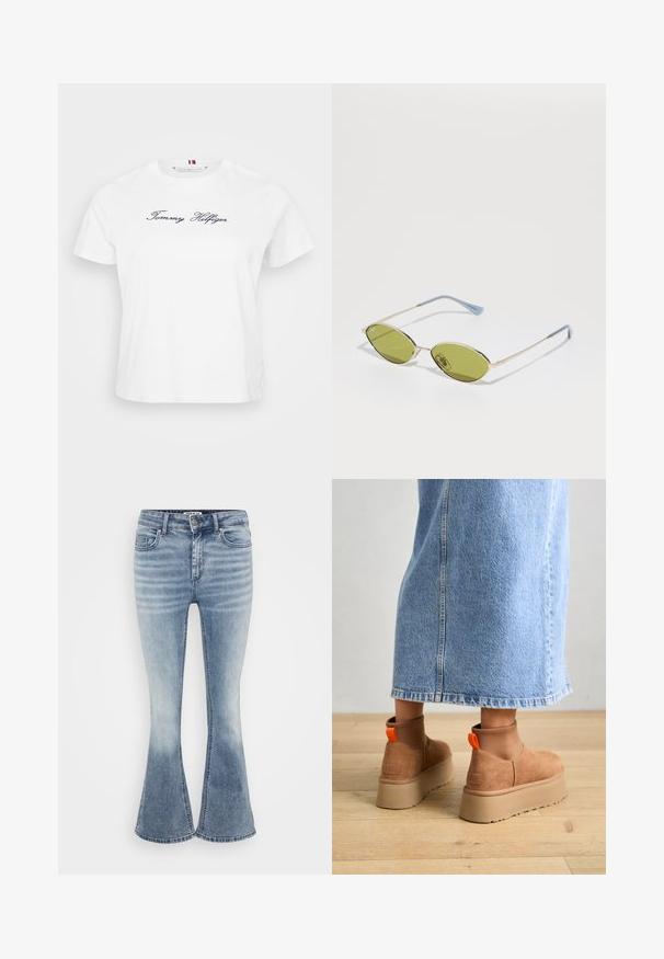 T-shirt bianco in cotone a maniche corte, con il logo ricamato "Tommy Hilfiger" in blu navy sul davanti. Collo rotondo a giro.; Jeans a zampa di elefante blu chiaro in denim, con un classico design a cinque tasche, chiusura anteriore con zip e leggera scoloritura lungo le cosce.; Stivali platform in suede marrone con pannelli laterali elastici e linguette arancioni, abbinati a una gonna di jeans chiara, lunga fino al ginocchio, su un pavimento di legno.; Occhiali da sole verde oliva con una sottile montatura dorata e bracci accentati in blu. Lenti ovali e design minimalista.