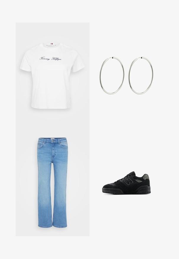 T-shirt en coton blanc à manches courtes, avec un logo brodé "Tommy Hilfiger" en bleu marine sur le devant. Col rond.; Jean en denim bleu clair avec un design classique à jambes droites, cinq poches et une fermeture à bouton à l'avant. Texture lisse avec une couleur uniforme.; Baskets basses noires avec semelle texturée, design à lacets, panneaux en daim et accents à motifs sur le talon et le logo sur le côté.; Boucles d'oreilles en argent en forme d'anneau avec une finition lisse et polie. Forme circulaire, largeur constante, conçues pour une fermeture facile. Simples et élégantes.