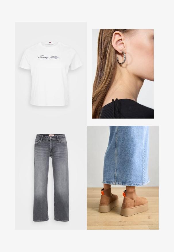 Valkoinen puuvillat-paita lyhyillä hihoilla, jossa on tummansininen brodeerattu "Tommy Hilfiger" -logo edessä. Pyöreä pääntie.; Harmaat farkut, suoran lahkeen muotoilulla, viidellä taskulla, hienovaraisella haalistumisella ja nappikiinnityksellä vyötäröllä.; Ruske mokasine z platformo in elastiko na straneh ter oranžnimi zategovalnimi trakovi, v kombinaciji z osnovno dolžino svetle denim krila na lesenem podu.; Hopea renkaankorvakoru kiiltävällä pinnalla, jossa on pieniä kultaisia yksityiskohtia ja pyöreä muoto, käytetty korvalla.