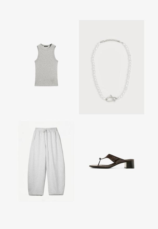 Grå ärmlös linne tillverkat av ett mjukt, lätt tyg. Har en rund halsringning och en ren, minimalistisk design utan mönster eller accentuerande detaljer.; Ljusgrå sweatpants med avslappnad passform, elastiskt midjeband, dragsko och sidofickor; tillverkade av mjukt, texturerat tyg.; Mörkbrun läderklackad sandal för kvinnor med låg klack och tunn tårem på en vit bakgrund.; Vitt pärlhalsband med varierande former och storlekar, utrustat med en silverfärgad lås för stängning. Slät yta med en glänsande finish.