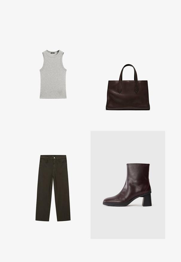 Gray sleeveless tank top made from a soft, lightweight fabric. Features a round neckline and clean, minimal design without patterns or accents.; Dark green wide-leg jeans made of cotton blend, featuring a front button closure, five pockets, and classic denim stitching.; Dark brown leather ankle boot with a block heel and round toe, displayed on a plain light gray background.; Brown leather tote bag with two elongated handles, structured rectangular shape, smooth texture, and subtle stitching details.