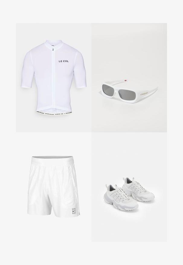 Hvit sykkeltrøye med korte ermer, frontglidelås og "LE COL"-logo. Glatt stoff med en tettsittende form og kontrastfarge på midjebåndet.; Hvite sportsshorts laget av lettvektstoff med elastisk midjebånd, med to sidelommer og en liten svart logo på kanten.; Hvite treningssko med mesh-overdel, grå detaljer, teksturert gummisåle og pull-tabs på hælen; har et snøresystem.; Hvite rektangulære Oakley-solbriller med mørke linser som hviler på en hvit overflate, logo synlig på siden.
