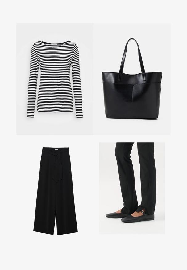 Pikad varrukad, ümar kaelus, mustvalgete triipudega särk. Valmistatud pehmest kangast, regulaarses lõikes. Puhtne, minimaalne disain.; Mustad laiad püksid, millel on tekstureeritud kangas, elastne vöökoht ja eemaldatav pael vööst, et reguleerida sobivust.; Mustadast mustast nahast balletkingad terava ninaga, millel on rihm hõbedase klambriga, kokku sobitatud mustade ülikondpükstega, millel on lõhiku serv.; Must mustaga musta nahast, millel on kaks pikka kanda, sile tekstuur ja struktureeritud kuju. Esipoolsel on lisakoti jaoks tasku.