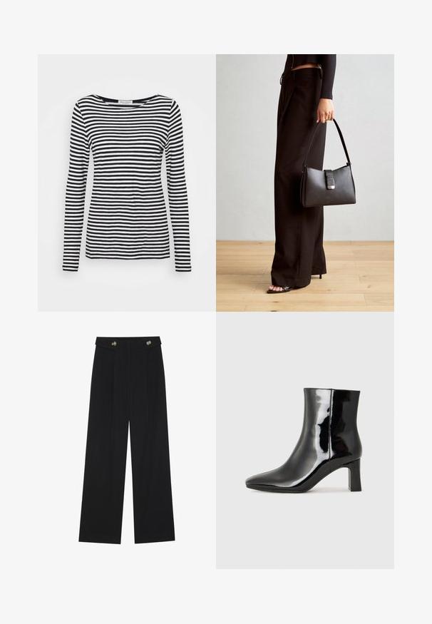 Langärmliges T-Shirt mit Rundhalsausschnitt, das ein schwarz-weiß gestreiftes Muster aufweist. Aus weicherm Stoff und mit regulärer Passform gefertigt. Sauberes, minimalistisches Design.; Schwarze weite Hosen mit hoher Taille, Knopfdetails am Bund und vorderen Falten.; Schwarzer Lackleder-Stiefelette mit spitzer Zehe und einem mittelhohen Blockabsatz. Glatte Textur und minimalistisches Design.; Schwarze Handtasche mit strukturierter Form, glatter Textur und einem metallischen Verschluss. Kombiniert mit weiten schwarzen Hosen und offenen Sandalen auf einem Holzboden.